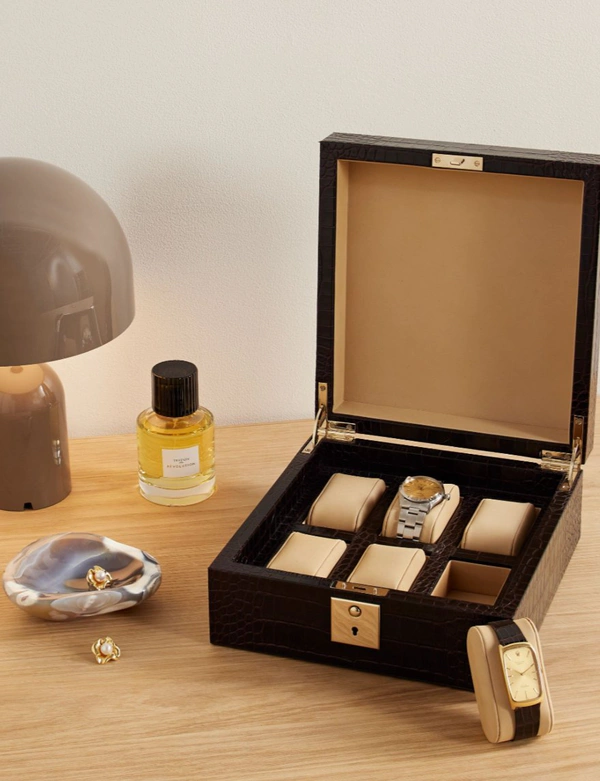 <a href="https://www.smythson.com/us/navy-lockable-watch-box-in-mara-1016964.html?cgid=62">SMYTHSON Lockable Watch Box in Mara, $1,795</a>