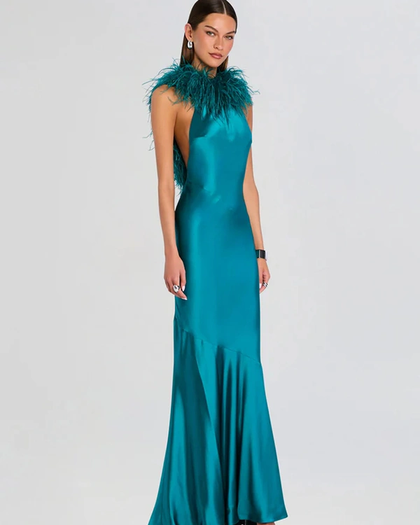 <a href="https://retrofete.com/products/brisbane-dress-in-sarcelle">RETROFÊTE Brisbane Feather Dress</a>, $1,098