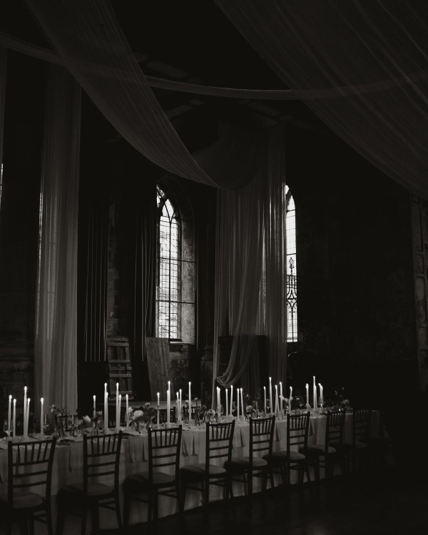 Classical European for Wedding Decor | Draped Fabrics, Candles, and Antique Silverware