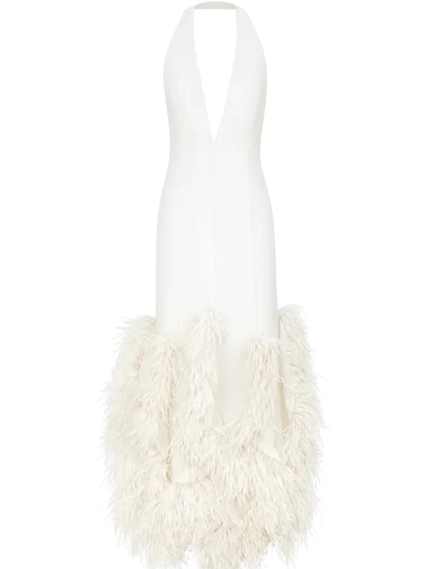 <a href="https://nanagotti.com/product/adeline-halter-crepe-gown-with-feather-hem/?_amc-currency=USD">NANA GOTTI Dress</a>, $1,500