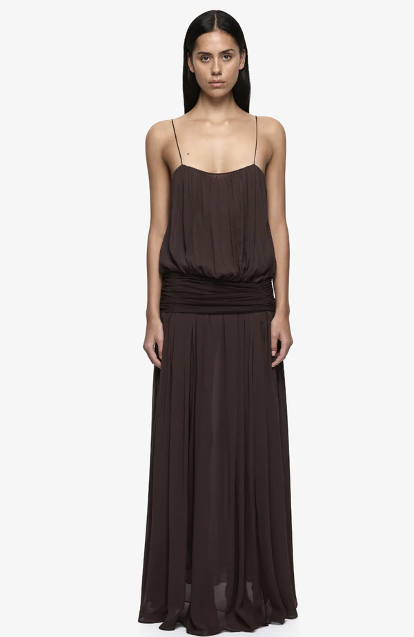 <a href="https://www.becandbridge.com/products/camille-blouson-dress-dark-chocolate">BEC + BRIDGE Camille Blouson Dress in Dark Chocolate, $380</a>