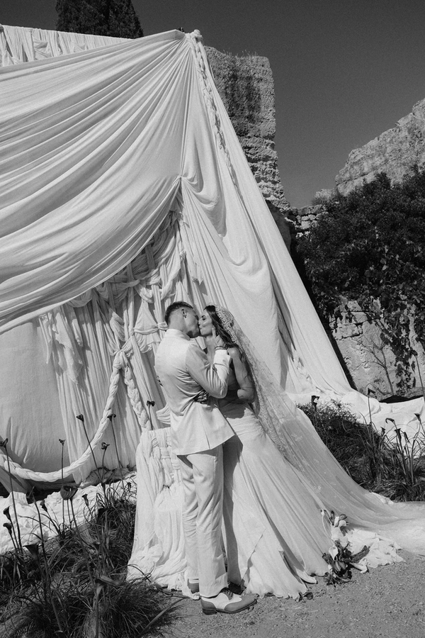 Giant Sculptural Florals & Dreamy Drapery by Mia Sylvia at This Stone Quarry Wedding in Menorca