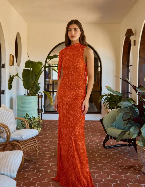<a href="https://www.lollieshop.com/products/fallon-gown-poppy-confetti">ROAME Fallon Gown in Poppy Confetti from Lollie, $490</a>