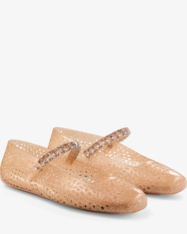 <a href="https://us.jimmychoo.com/en/women/shoes/the-jelly/light-toffee-jelly-ballerina-flats-with-crystal-embellishment-J00017689334.html">JIMMY CHOO The Jelly</a>, $495
