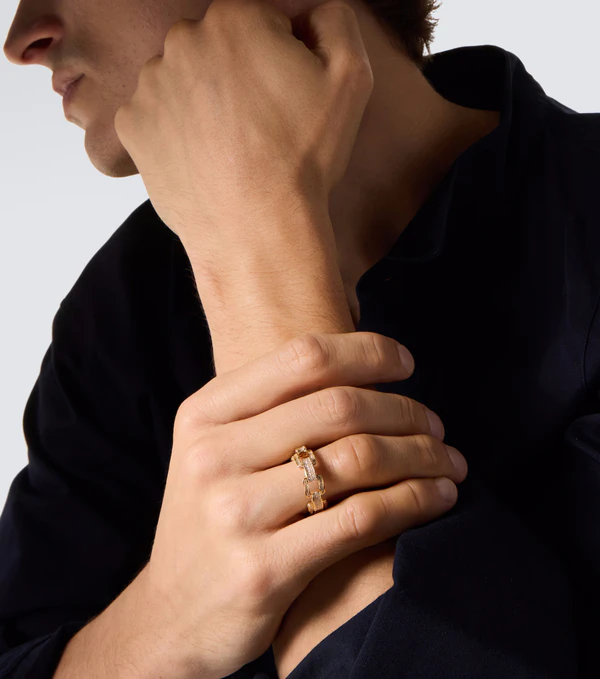 <a href="https://www.mytheresa.com/us/en/men/shay-jewelry-deco-link-18kt-gold-ring-with-diamonds-gold-p00877829">SHAY JEWELRY Ring</a> from Mytheresa, $8800