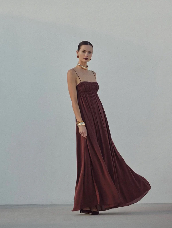 <a href="https://www.samelosangeles.com/products/ruched-chiffon-dress-chocolate-brown?variant=50082238169366">SAME Chiffon Dress, $498</a>