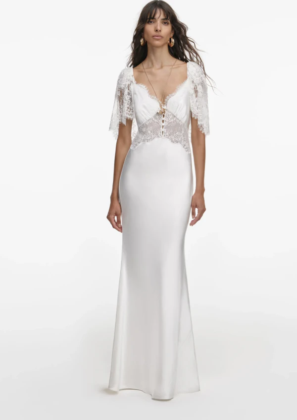 <a href="https://us.self-portrait.com/products/rs26-white-fine-lace-satin-maxi-dress">SELF PORTRAIT Satin Lace Dress</a>, $850