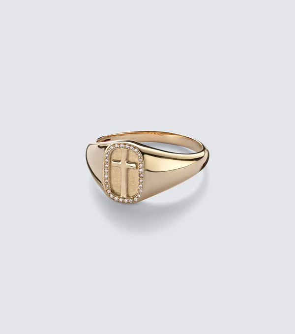 <a href="https://www.mytheresa.com/us/en/men/sydney-evan-cross-icon-14kt-gold-ring-with-diamonds-gold-p00978021">SYDNEY EVANS Ring</a> from Mytheresa, $4125