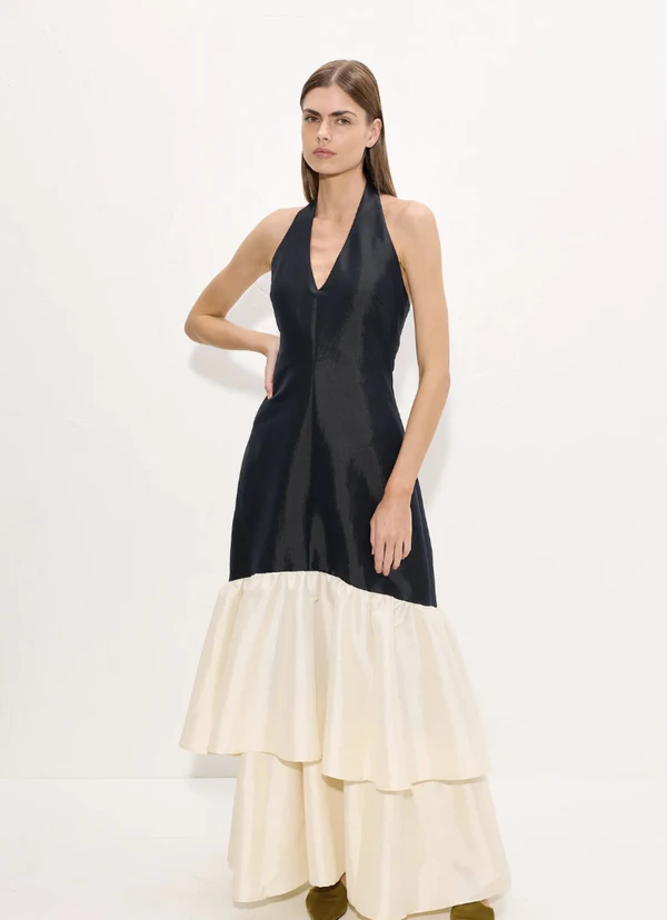 SIMON MILLER Magnolia Taffeta Halter Dress in Black/Bone, $495