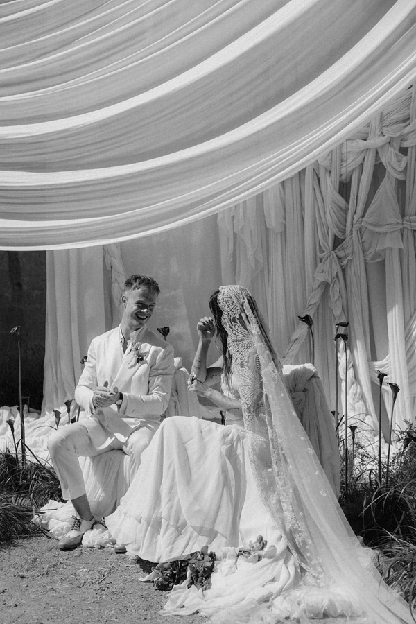 Giant Sculptural Florals & Dreamy Drapery by Mia Sylvia at This Stone Quarry Wedding in Menorca